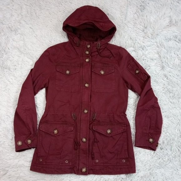 G.H.‎ Bass Co. Womens Jacket Red Small Utility Trench Coat Hooded Zip Button Up - Picture 1 of 15